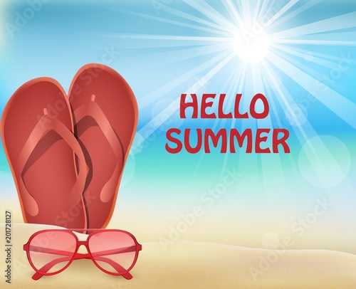 Hello Summer holiday background. Flipflop, sunglasses