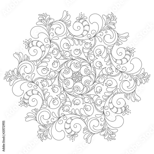 circular floral monochrome pattern for coloring book