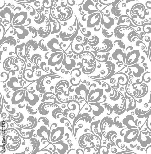 Wallpaper in the style of Baroque. A seamless vector background. White and grey floral ornament. Graphic vector pattern.