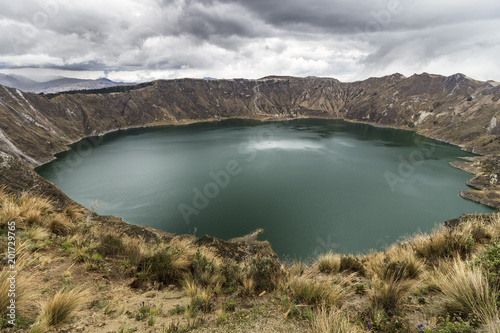 Panoramic view of Quilotoa lake inside a volcanoe