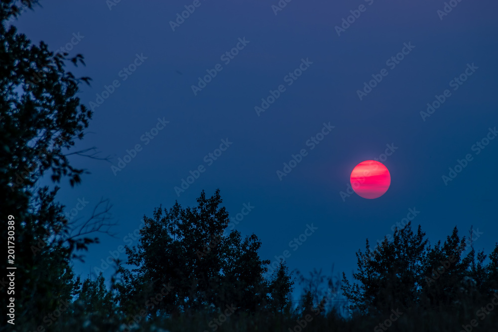 Red ball of sun setting behind the haze, Calgary, Alberta, Canada Red ball of sun setting behind the haze, Calgary, Alberta, Canada