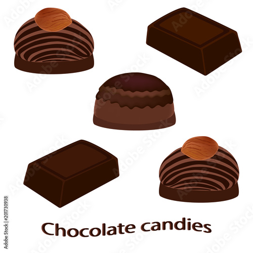 Chocolate bar and chocolate candies isolated on white background. Vector illustration.
