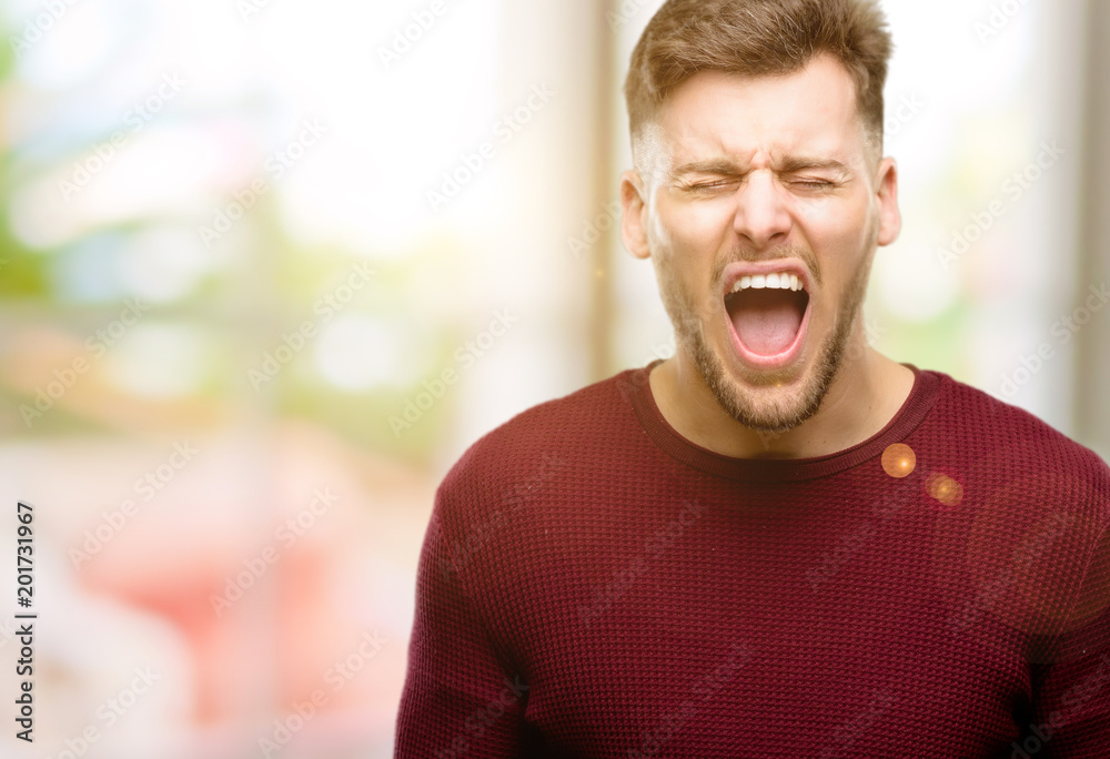 Handsome young man stressful, terrified in panic, shouting exasperated and frustrated. Unpleasant gesture. Annoying work drives me crazy Handsome young man stressful, terrified in panic, shouting exasperated and frustrated. Unpleasant gesture. Annoying work drives me crazy