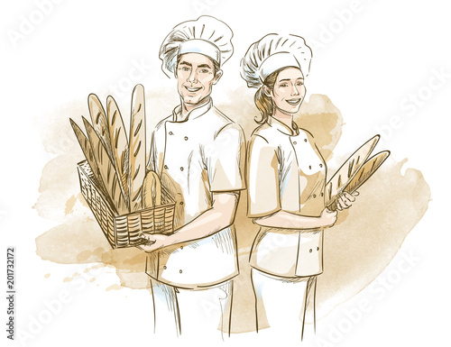 Bakers (man and woman) holding basket with breads. Hand drawn vector illustration on artistic watercolor background.
