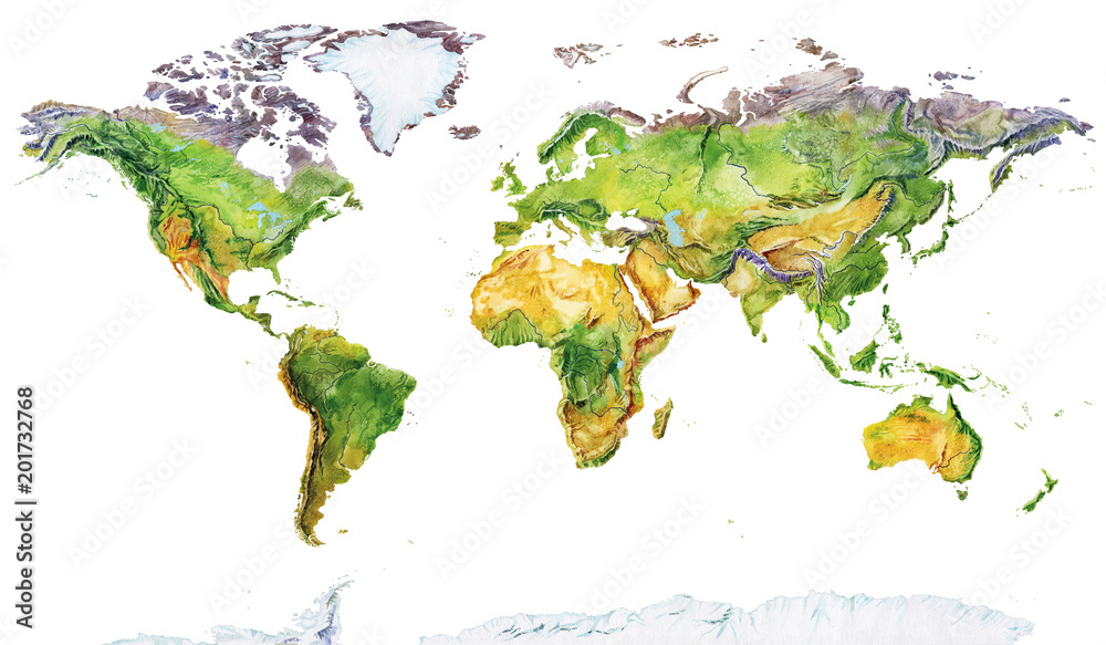 Obraz premium Akwarela Mapa geograficzna świata. Fizyczna mapa świata. Realistyczny obraz. Na białym tle