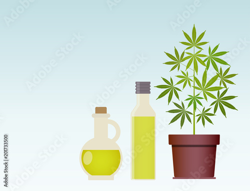 Marijuana plant and cannabis oil. Medical marijuana. Hemp oil in a glass jar. CBD oil hemp products. Oil glass bottle mock up. Vector illustration with copy space.