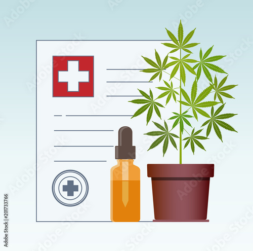 Marijuana plant and dropper with CBD oil. Cannabis Oil. Medical marijuana in Healthcare a prescription for medical marijuana. Oil bottle mock up. Certificate. Safety. Quality. Legalization. Vector.