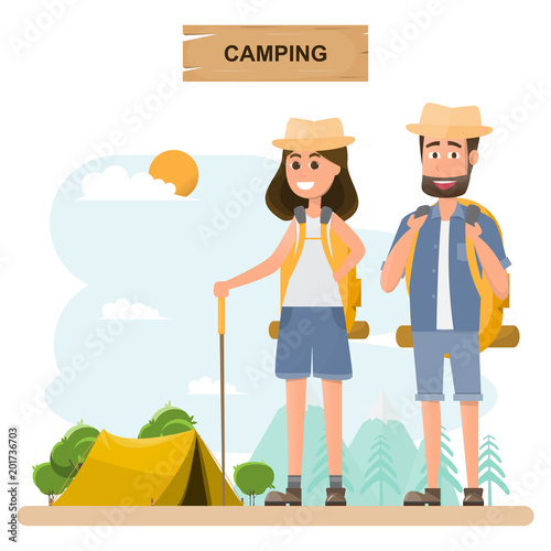 people travel. couple with backpack go to camping on a vacation