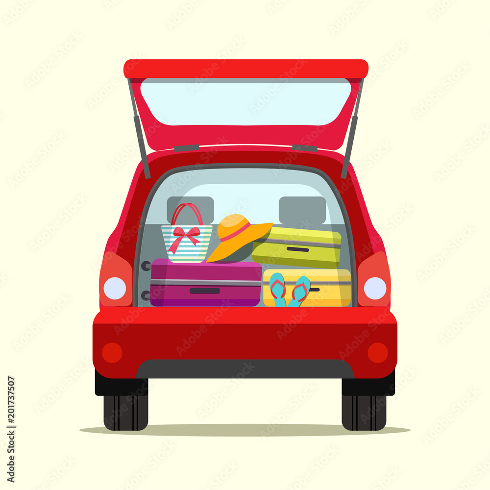 Suitcase, bags and other luggage in the trunk of the car on the back