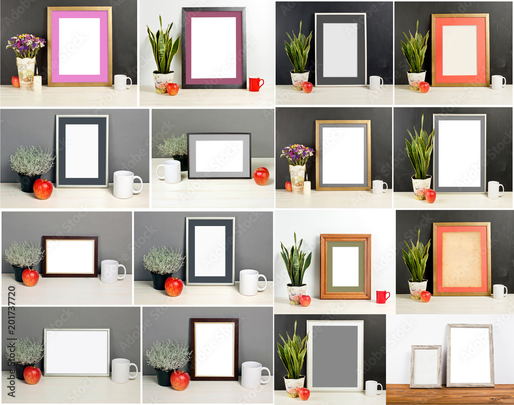 Frame mockup with plant pot, apple and mug Frame mockup with plant pot, apple and mug