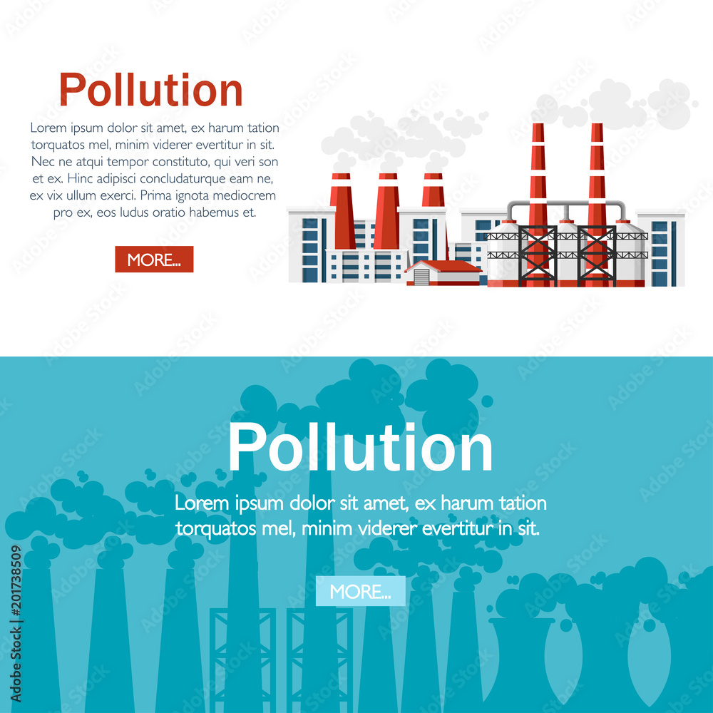 Problems of Ecology concept. Factories with smoke pipes. Environmental pollution problem. Earth factory pollute with carbon gas.Vector flat illustration. Vector illustration on white background