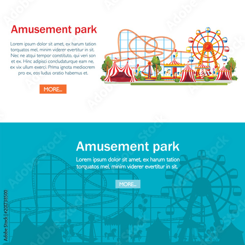 Amusement park. Cartoon style design. Roller coaster, carousel, pirate ship and red tents. Vector illustration on white background. Entertainment concept. Web site page and mobile app design