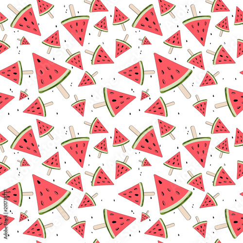 Cute seamless background with watermelon slices on a stick, isolated on white background. Hand drawing. Summer time. Vector. For design, textiles, packaging, etc.