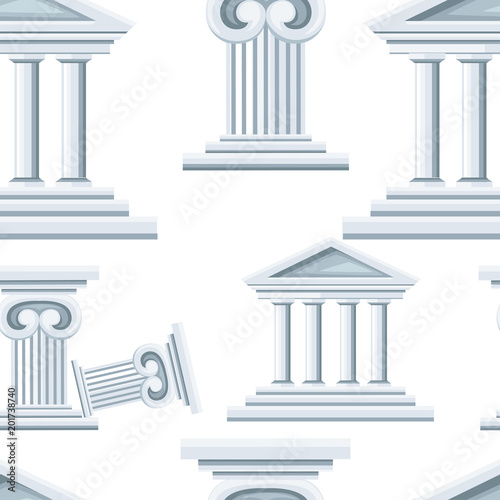 Seamless pattern of greek temple and column. Bank icon. Flat style design. Vector illustration isolated on white background. Web site page and mobile app