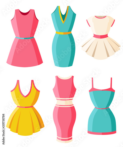 Set of dresses. Clothes for lady. Female bright colored summer dresses. Flat style design. Vector illustration isolated on white background. Web site page and mobile app