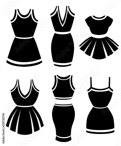Black silhouette. Set of dresses. Clothes for lady. Female summer dresses. Flat style design. Vector illustration isolated on white background. Web site page and mobile app