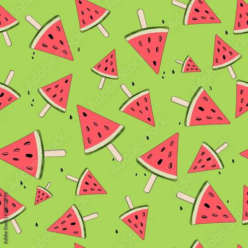 Cute seamless background with watermelon slices on a stick, isolated on a green background. Hand drawing. Summer time. Vector. For design, textiles, packaging, etc.