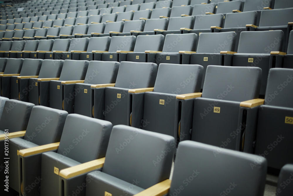 Fototapeta premium Several rows of numbered armchairs in auditorium or conference hall of contemporary institution