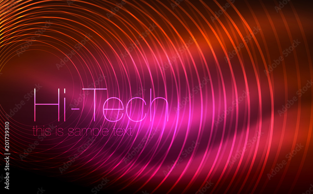 Circular glowing neon shapes, techno background. Abstract shiny transparent circles on dark technology space Circular glowing neon shapes, techno background. Abstract shiny transparent circles on dark technology space