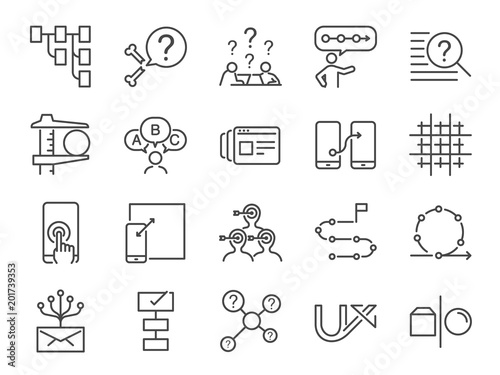 UX icon set. Included the icons as user experience, flow, prototype, agile, grid system, target, solution, procedure and more
