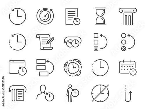 History and time management icon set. Included the icons as Anti-Aging, revert, time, reverse, u-turn, time machine, waiting, reschedule and more 