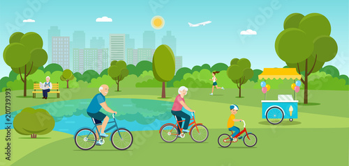 Family riding a bicycle Grandfather sitting on the bench and reading newspaper  and Running girl in the park. Ice cream cart. Vector flat illustration