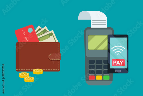 NFC payment, Payment terminal and wallet with card, cash and coins. Vector flat style illustration