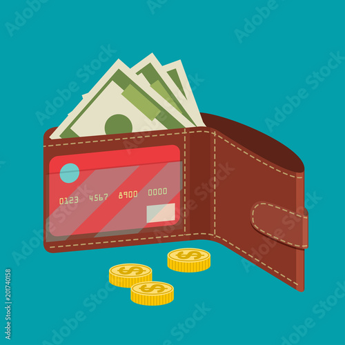 Open wallet with card, cash and coins. Vector flat style illustration