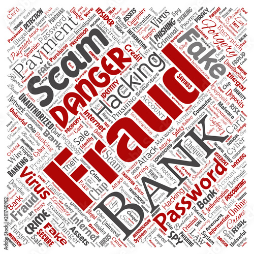 Vector conceptual bank fraud payment scam danger square red word cloud isolated background. Collage of password hacking, virus fake authentication, illegal transaction or identity theft concept