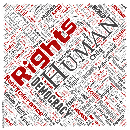 Vector conceptual human rights political freedom, democracy square red  word cloud isolated background. Collage of humanity tolerance, law principles, people justice or discrimination concept