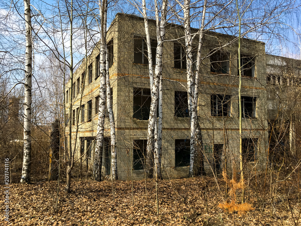 Abandoned brick multi-storey house without windows in the forest