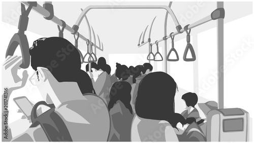 Illustration of people using public transport, bus, train, metro, subway