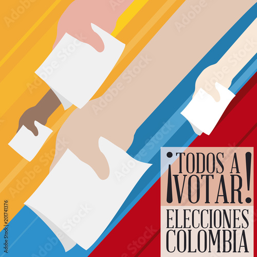 Citizens Hands Voting Massively in Colombian Elections, Vector Illustration