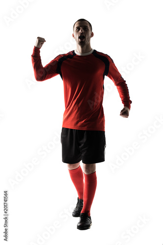 Silhouette of young football player celebrate goal or victory game isolated on white background