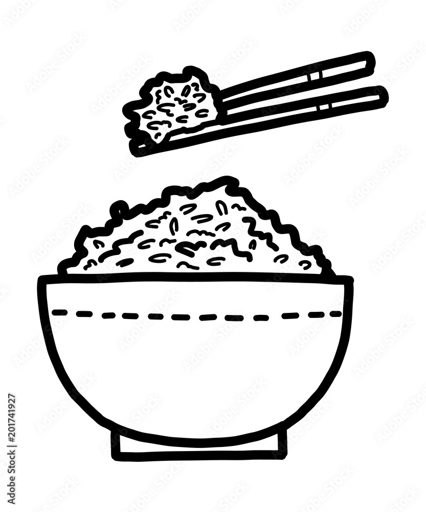 chopsticks and bowl of rice / cartoon vector and illustration, black and  white, hand drawn, sketch style, isolated on white background. Stock Vector  | Adobe Stock