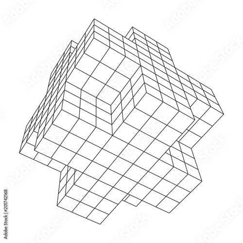 Wireframe Necker Cube. Cube of connected lines. Molecular lattice. The structural grid of polygons. Vector illustration sacred geometry