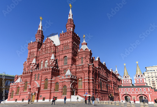 View from red square to Kremlin wall, The State Historical Museum of Russia, t's the museum of Russian history. between Red Square and Manege Square in Moscow, Russia. I