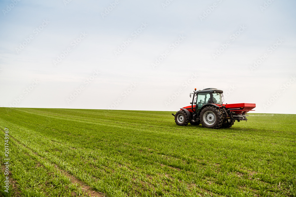 Farmer in tractor fertilizing wheat field at spring with npk Farmer in tractor fertilizing wheat field at spring with npk