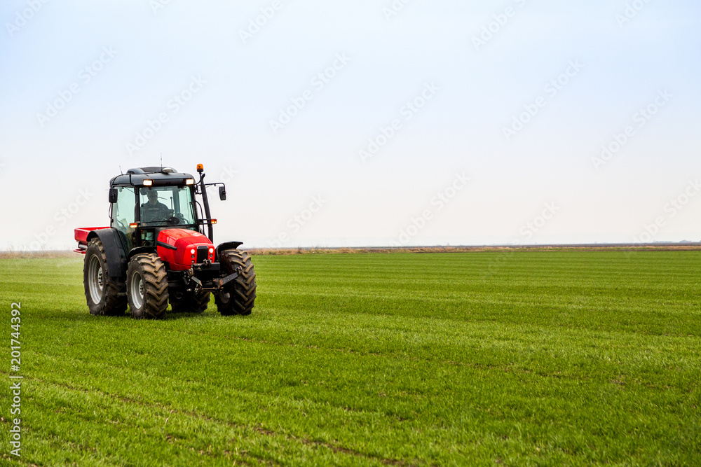 Farmer in tractor fertilizing wheat field at spring with npk Farmer in tractor fertilizing wheat field at spring with npk