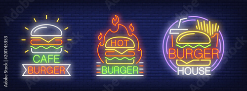 Hot burger, cafe, house neon sign set. Three variants of hamburgers. Night bright advertisements. Vector illustrations in neon style for fast food restaurant and snack bar