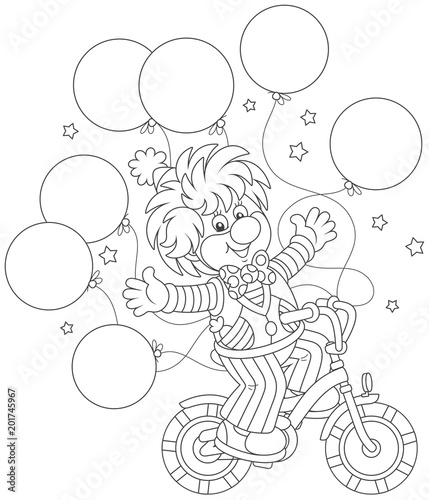 Circus show of a funny clown riding his bicycle with balloons, black and white vector illustration in a cartoon style for a coloring book