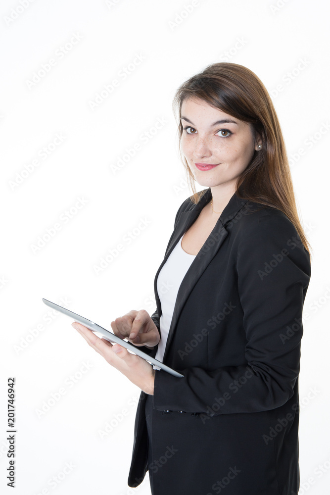 Young beautiful business woman portrait holding a digital tablet smiling Young beautiful business woman portrait holding a digital tablet smiling