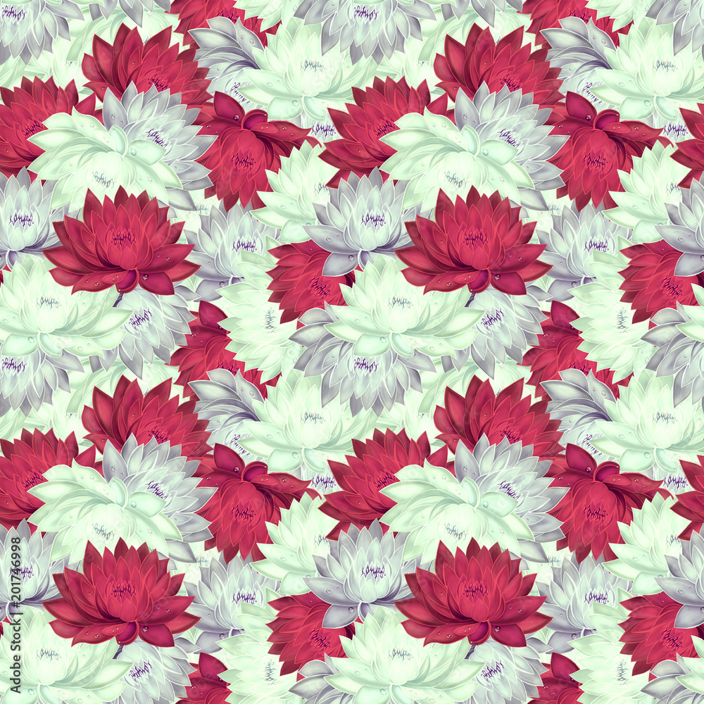 Fototapeta Bezszwowy wzór z lilymi i czerwonymi wodnymi lelujami