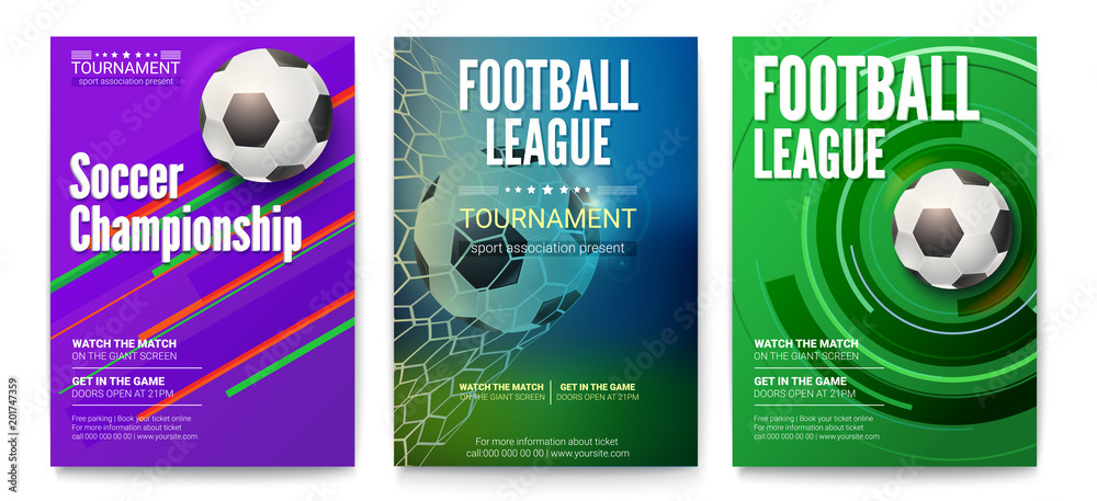 Naklejka Zestaw plakatów turniejowych ligi piłki nożnej lub piłki nożnej. Projektowanie banerów na imprezy sportowe. Szablon reklamować dla światowego mistrzostwa piłka nożna lub futbol, 3D ilustracja.