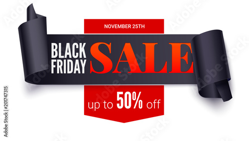 Black friday sale, horizontal poster. Black ribbon with curled edges. Paper scrolls. Offer about fantastic discounts.Get up to fifty percent off. Ad poster for shopping events, 3D illustration