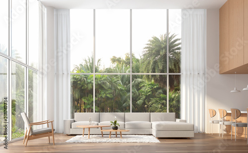 Fototapeta Naklejka Na Ścianę i Meble -  Modern contemporary high ceiling living room 3d render.The Rooms have wooden floors,white and wood wall.furnished with white fabric furniture.There are large window. Overlooks to palm garden.