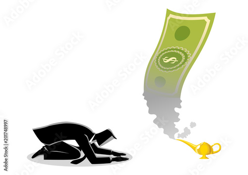 Businessman worshiping money that appearing from magic lamp