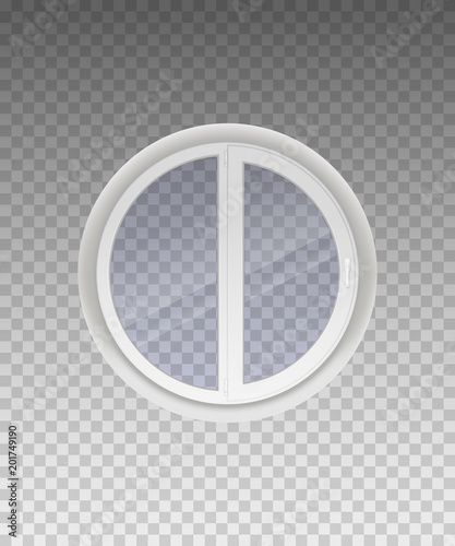 Closed round window with transparent glass in a white frame. Isolated on a transparent background. Vector