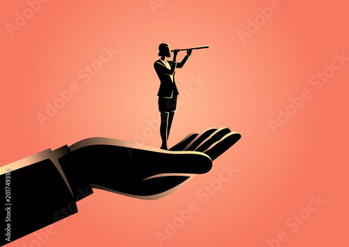 Hand holding a businesswoman using telescope