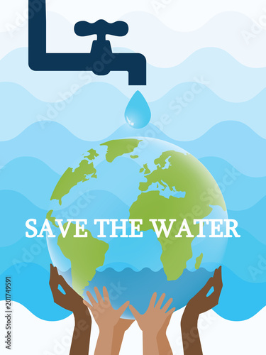World environment day. Saving water and world environmental protection concept. World water day. Card for your design.Water droplets with the background are waves of blue tones.